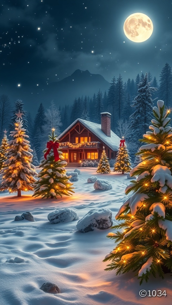Christmas Wallpaper Aesthetic for Mac A serene snowy landscape with decorated Christmas trees and a cozy cabin, perfect for a Mac wallpaper.